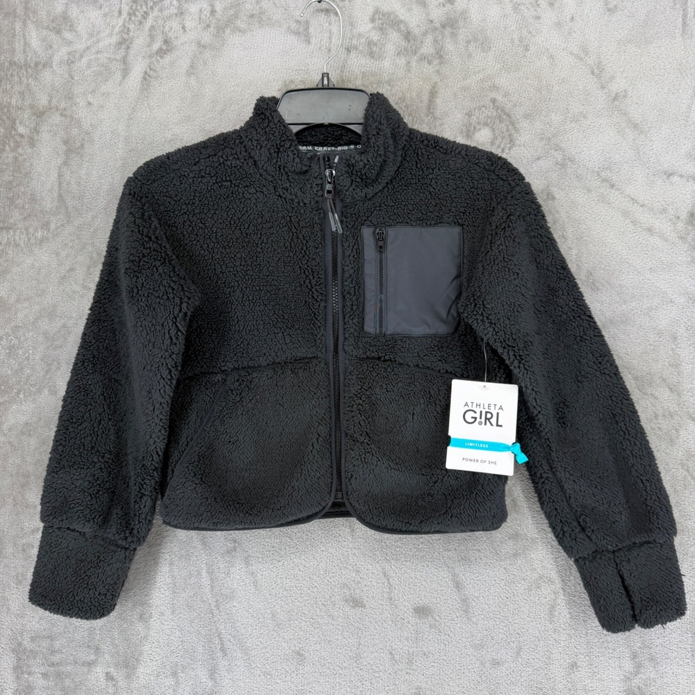 Athleta Girl So Toasty Jacket Black Sherpa Fleece Full Zip Thumbholes S 7 NEW